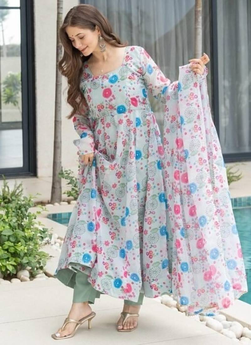 White printed georgette anarkali kurti