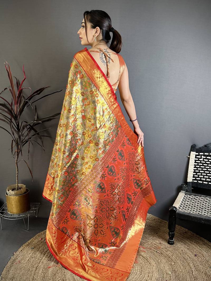 brown kanjeevaram silk blend zari woven saree with unstitched blouse piece.