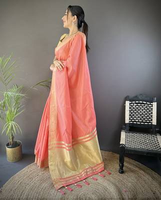 paech soft cotton blend zari checks saree with unstitched blouse piece. 2