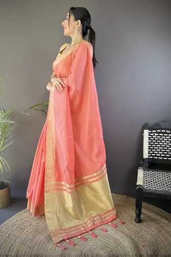 paech soft cotton blend zari checks saree with unstitched blouse piece.