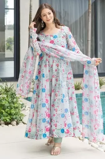 White printed georgette anarkali kurti