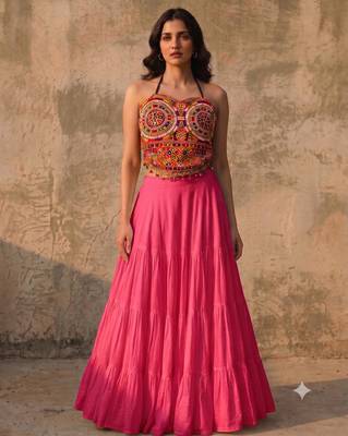 Pink Rayon Navratri Lehenga Choli | Garba & Dandiya Outfit with Multicolor Embroidery Sleeveless Square Neckline 1
