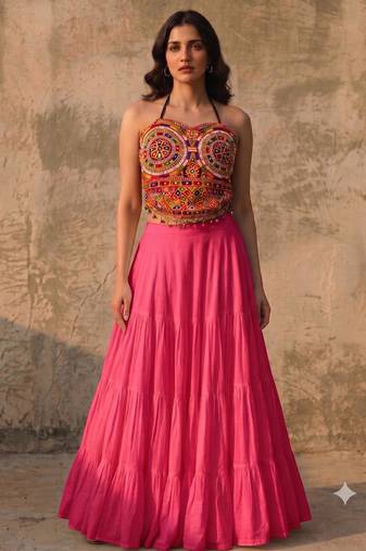 Pink Rayon Navratri Lehenga Choli | Garba & Dandiya Outfit with Multicolor Embroidery Sleeveless Square Neckline