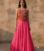 Pink Rayon Navratri Lehenga Choli | Garba & Dandiya Outfit with Multicolor Embroidery Sleeveless Square Neckline