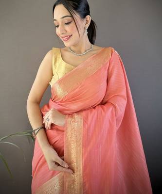 paech soft cotton blend zari checks saree with unstitched blouse piece. 3