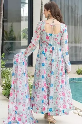 White printed georgette anarkali kurti
