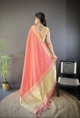 paech soft cotton blend zari checks saree with unstitched blouse piece. 4