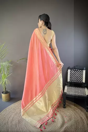 paech soft cotton blend zari checks saree with unstitched blouse piece.
