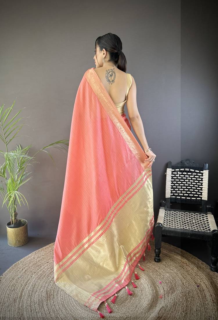 paech soft cotton blend zari checks saree with unstitched blouse piece.