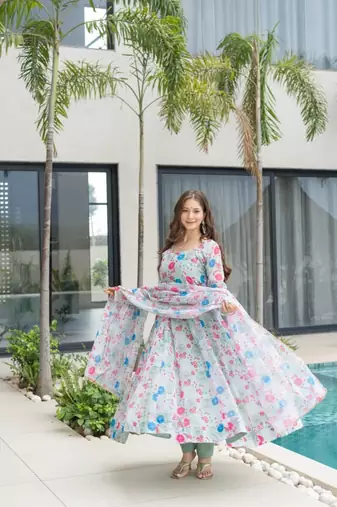 White printed georgette anarkali kurti