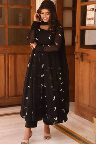Black printed georgette anarkali kurti
