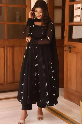 Black printed georgette anarkali kurti