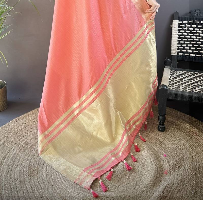paech soft cotton blend zari checks saree with unstitched blouse piece.