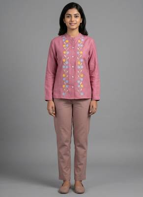Pink floral embroidered shirt co-ord set 1
