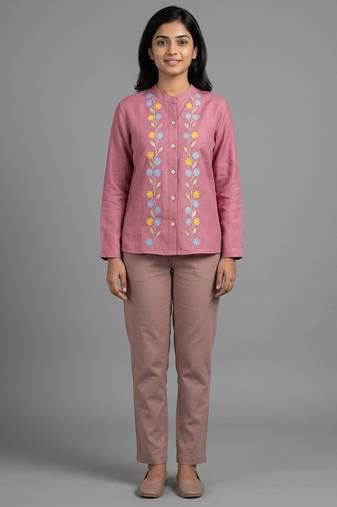 Pink floral embroidered shirt co-ord set