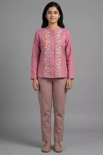Pink floral embroidered shirt co-ord set