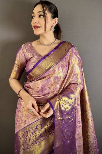 lilac kanjeevaram silk blend zari woven saree with unstitched blouse piece.