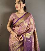 lilac kanjeevaram silk blend zari woven saree with unstitched blouse piece.