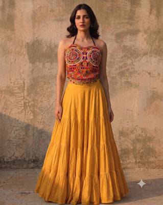 Yellow Rayon Navratri Lehenga Choli | Garba & Dandiya Outfit with Multicolor Embroidery Sleeveless Square Neckline 1