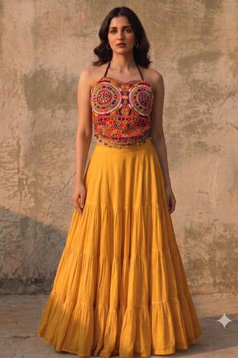Yellow Rayon Navratri Lehenga Choli | Garba & Dandiya Outfit with Multicolor Embroidery Sleeveless Square Neckline