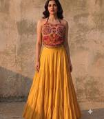 Yellow Rayon Navratri Lehenga Choli | Garba & Dandiya Outfit with Multicolor Embroidery Sleeveless Square Neckline