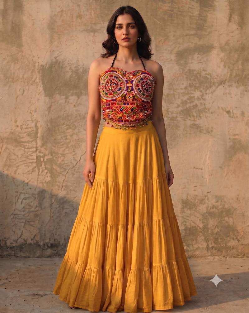 Yellow Rayon Navratri Lehenga Choli | Garba & Dandiya Outfit with Multicolor Embroidery Sleeveless Square Neckline