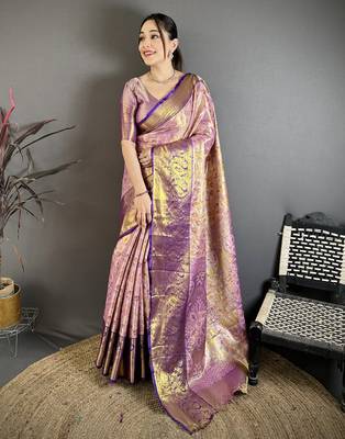 lilac kanjeevaram silk blend zari woven saree with unstitched blouse piece. 2