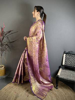 lilac kanjeevaram silk blend zari woven saree with unstitched blouse piece. 3
