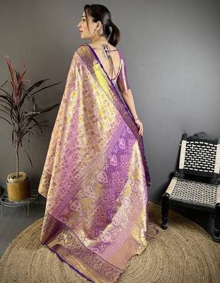lilac kanjeevaram silk blend zari woven saree with unstitched blouse piece. 5