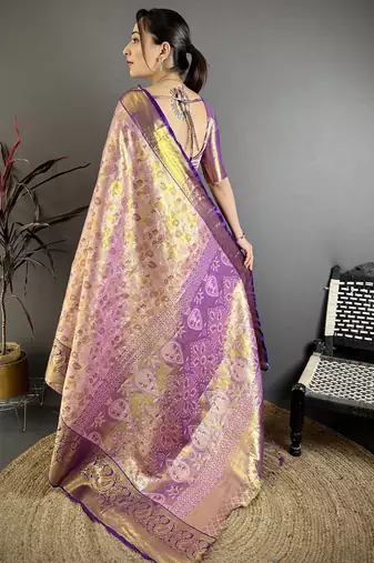 lilac kanjeevaram silk blend zari woven saree with unstitched blouse piece.