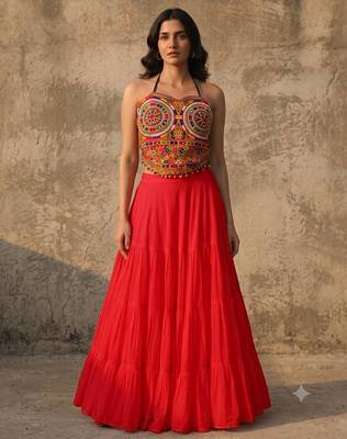 Red Rayon Navratri Lehenga Choli | Garba & Dandiya Outfit with Multicolor Embroidery Sleeveless Square Neckline 1