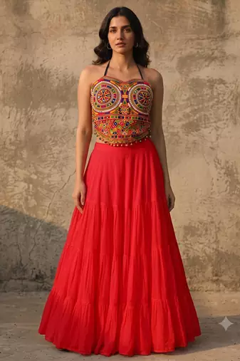 Red Rayon Navratri Lehenga Choli | Garba & Dandiya Outfit with Multicolor Embroidery Sleeveless Square Neckline