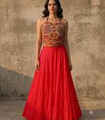 Red Rayon Navratri Lehenga Choli | Garba & Dandiya Outfit with Multicolor Embroidery Sleeveless Square Neckline