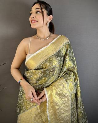olive kanjeevaram silk blend zari woven saree with unstitched blouse piece. 1