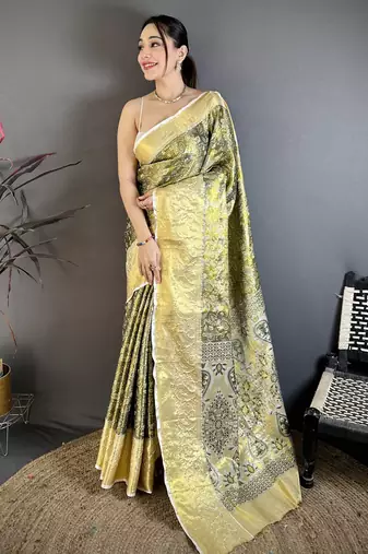 olive kanjeevaram silk blend zari woven saree with unstitched blouse piece.