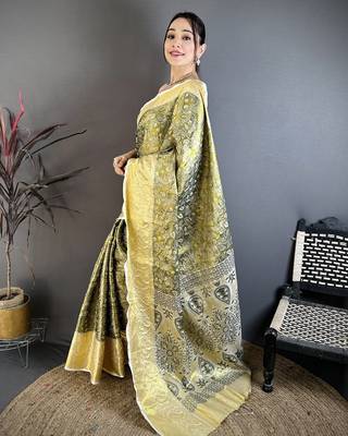 olive kanjeevaram silk blend zari woven saree with unstitched blouse piece. 3