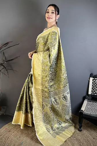olive kanjeevaram silk blend zari woven saree with unstitched blouse piece.
