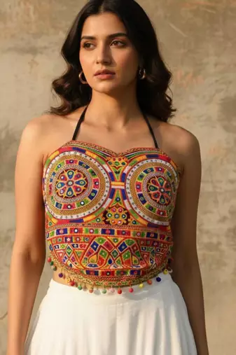 Red Rayon Navratri Lehenga Choli | Garba & Dandiya Outfit with Multicolor Embroidery Sleeveless Square Neckline