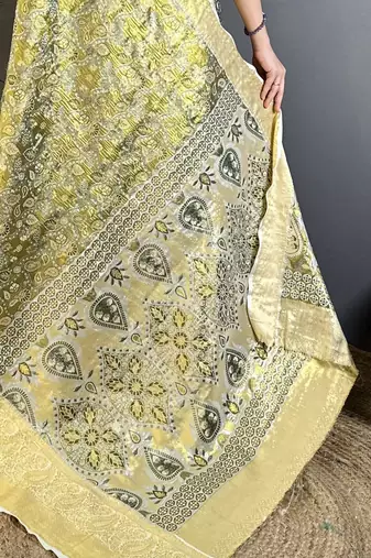 olive kanjeevaram silk blend zari woven saree with unstitched blouse piece.