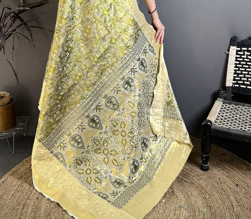 olive kanjeevaram silk blend zari woven saree with unstitched blouse piece.