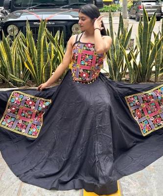 Black Rayon Navratri Lehenga Choli | Garba & Dandiya Outfit with Multicolor Embroidery Sleeveless Square Neckline 1