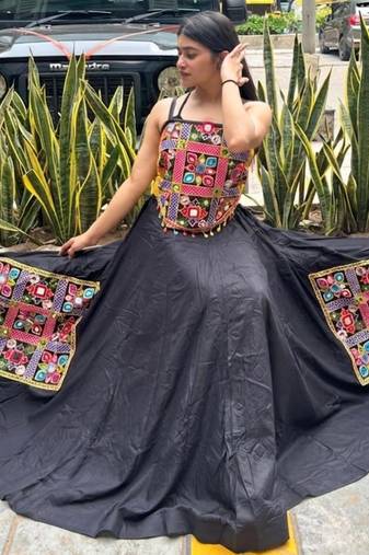 Black Rayon Navratri Lehenga Choli | Garba & Dandiya Outfit with Multicolor Embroidery Sleeveless Square Neckline