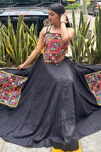 Black Rayon Navratri Lehenga Choli | Garba & Dandiya Outfit with Multicolor Embroidery Sleeveless Square Neckline