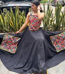 Black Rayon Navratri Lehenga Choli | Garba & Dandiya Outfit with Multicolor Embroidery Sleeveless Square Neckline