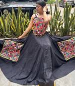 Black Rayon Navratri Lehenga Choli | Garba & Dandiya Outfit with Multicolor Embroidery Sleeveless Square Neckline
