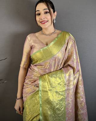 pink kanjeevaram silk blend zari woven saree with unstitched blouse piece. 1