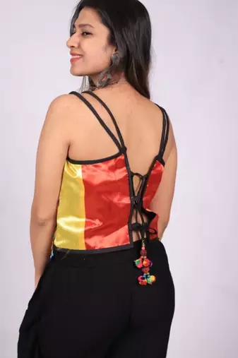Black Rayon Navratri Lehenga Choli | Garba & Dandiya Outfit with Multicolor Embroidery Sleeveless Square Neckline