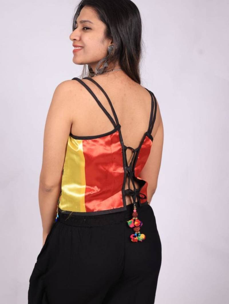 Black Rayon Navratri Lehenga Choli | Garba & Dandiya Outfit with Multicolor Embroidery Sleeveless Square Neckline