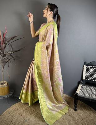 pink kanjeevaram silk blend zari woven saree with unstitched blouse piece. 3