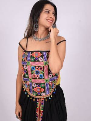 Black Rayon Navratri Lehenga Choli | Garba & Dandiya Outfit with Multicolor Embroidery Sleeveless Square Neckline 3